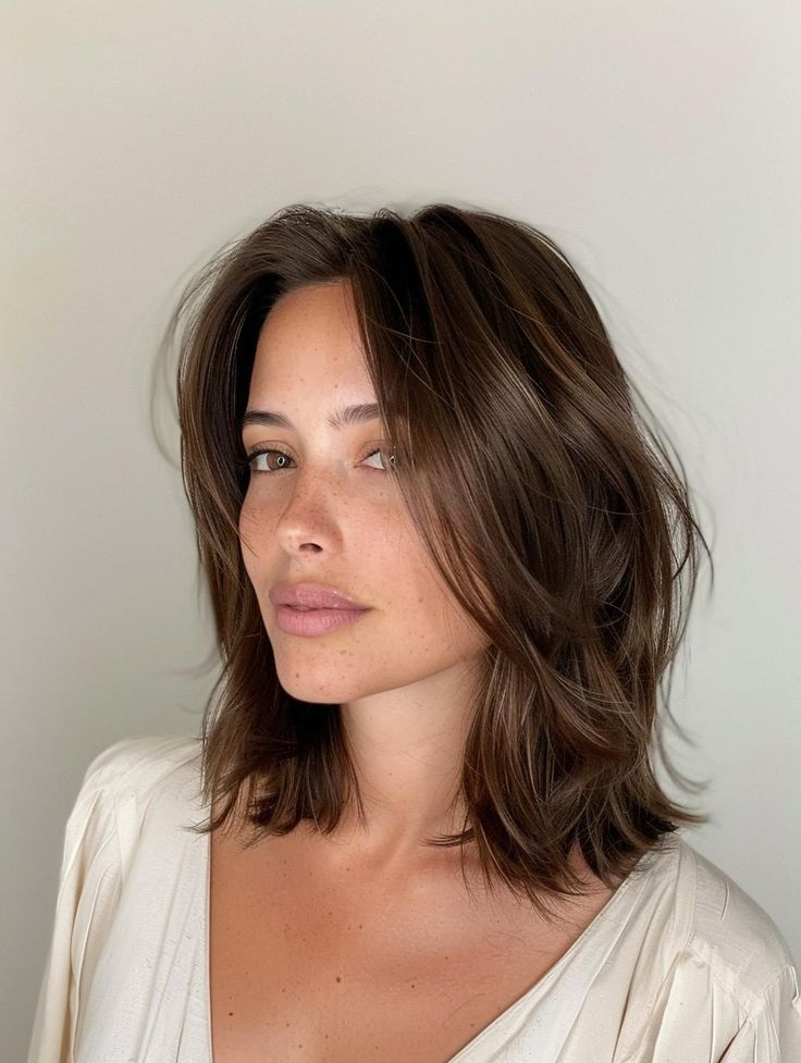 Discover the Versatile Lob Haircut for All Hair Types and Face Shapes Short With Layers Shoulder Length, Lob Haircut No Layers, Shoulder Length Straight Brown Hair, Layered Haircut Fine Hair, Collarbone Length Hair For Fine Hair, Fall Lob Hairstyles, Face Shape Guide Hairstyles, 90s Lob Haircut Curtain Bangs, Clavicle Haircut