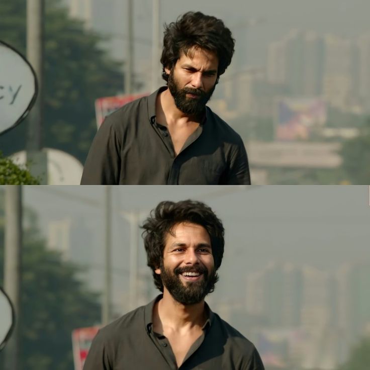 two different shots of a man smiling and looking at the same person's face