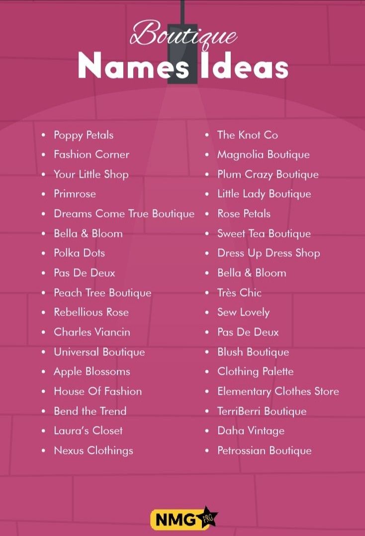 a pink poster with names on it that says boutique name ideas in english and spanish