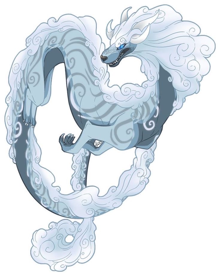 a blue and white dragon with swirls around it's body, flying through the air