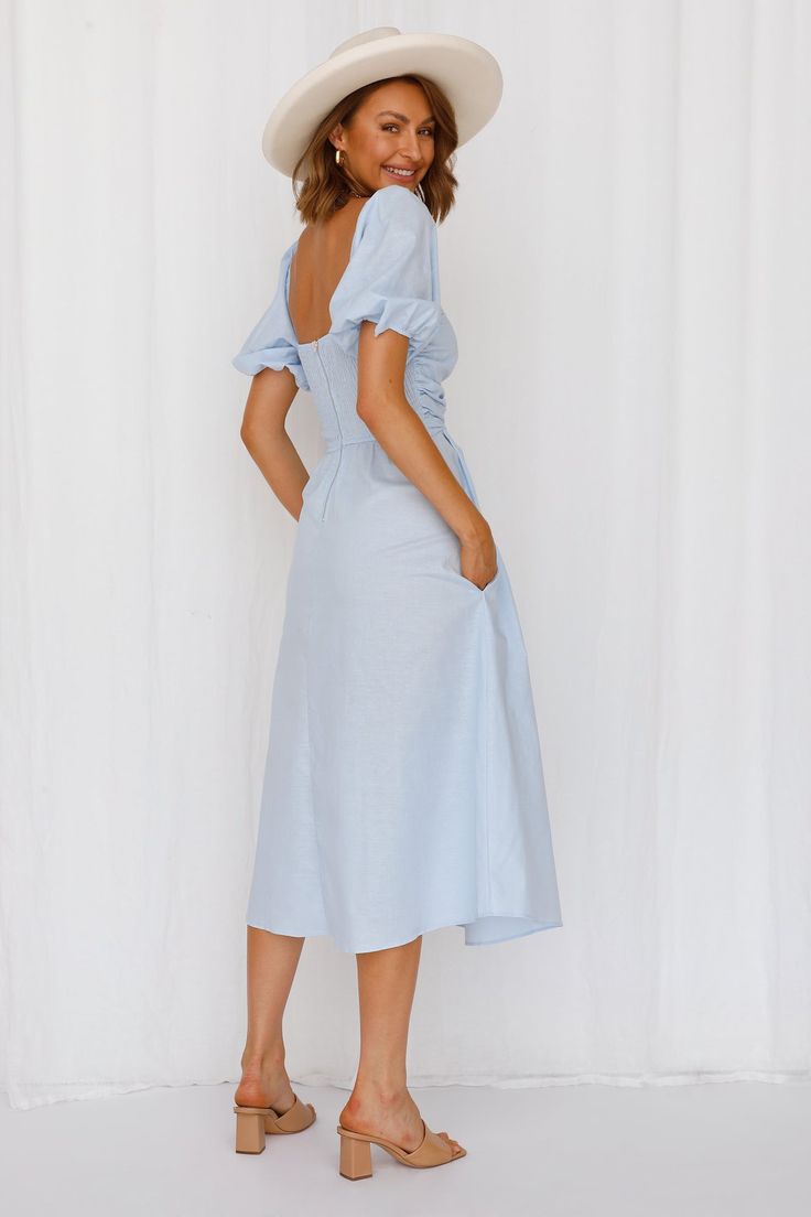 Length from shoulder to hem of size S: 114cm. Blue midi dress. Lined. Cold hand wash only. Model is a standard XS and is wearing size XS. True to size. Lightweight, non-stretchy and woven fabric. Elasticised waist-back. Back zipper. Cotton/Linen. Get the picnic basket and sweet cookies, because it's time to live your best cottage core life! The Milkmaiden Midi Dress features short puffy sleeves, a faux cowl bust detail and a long skirt. Style yours with mules and a basket bag. Glitter Prom Dresses, Tulle Midi Dress, Time To Live, The Picnic, Sweet Cookies, Short Summer Dresses, Gowns Prom, Sequin Prom Dresses, Prom Dress Shopping