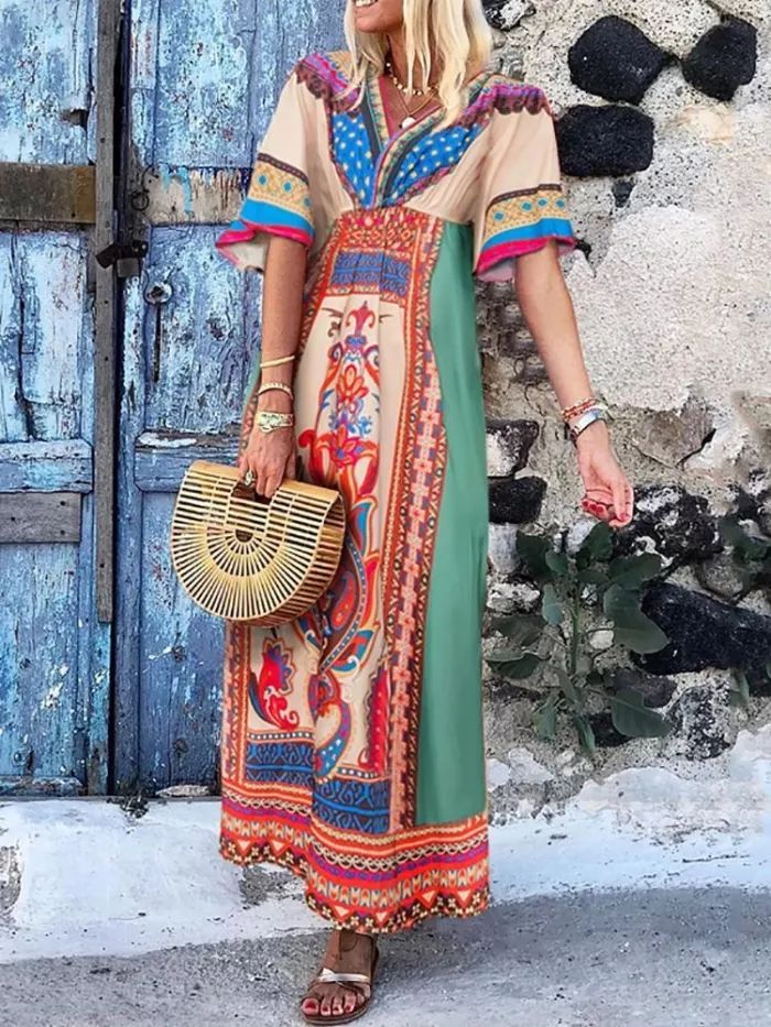 US$ 38.84 - Casual Bohemia Printed V Neck Vacation Maxi Dress - www.streetally.com Multicolor Folk Dress With Floral Print, Multicolor Long Boho Dress For Vacation, Multicolor Bohemian Dress With Boho Print, Bohemian Multicolor Boho Print Dress, Long Multicolor Boho Dress For Vacation, Multicolor V-neck Boho Dress, Hippie Printed Maxi Dress, Multicolor Bohemian Midi Dress With Boho Print, Bohemian Multicolor Boho Print Midi Dress