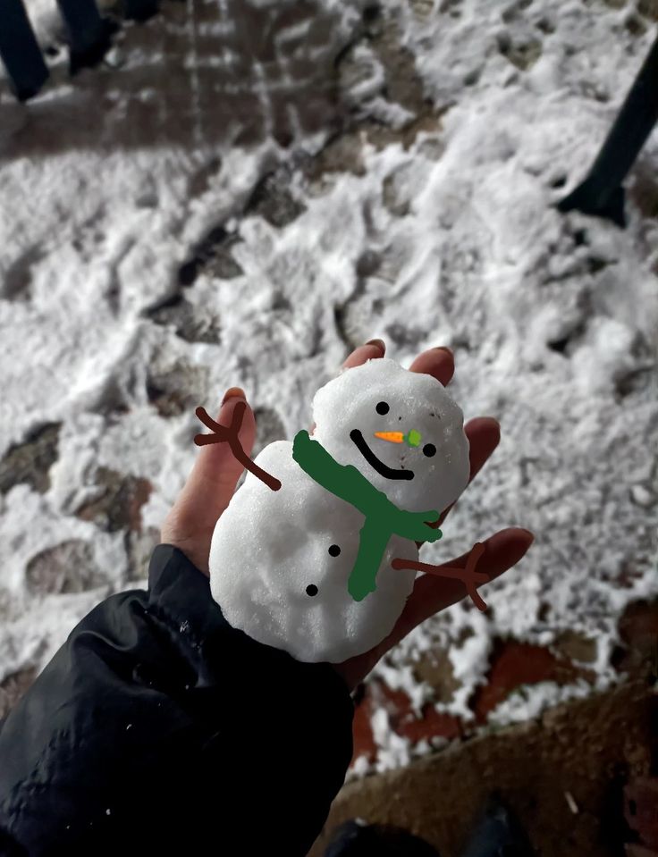 a hand is holding a snowman in the snow