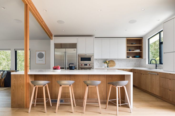 three stools are in front of the kitchen island