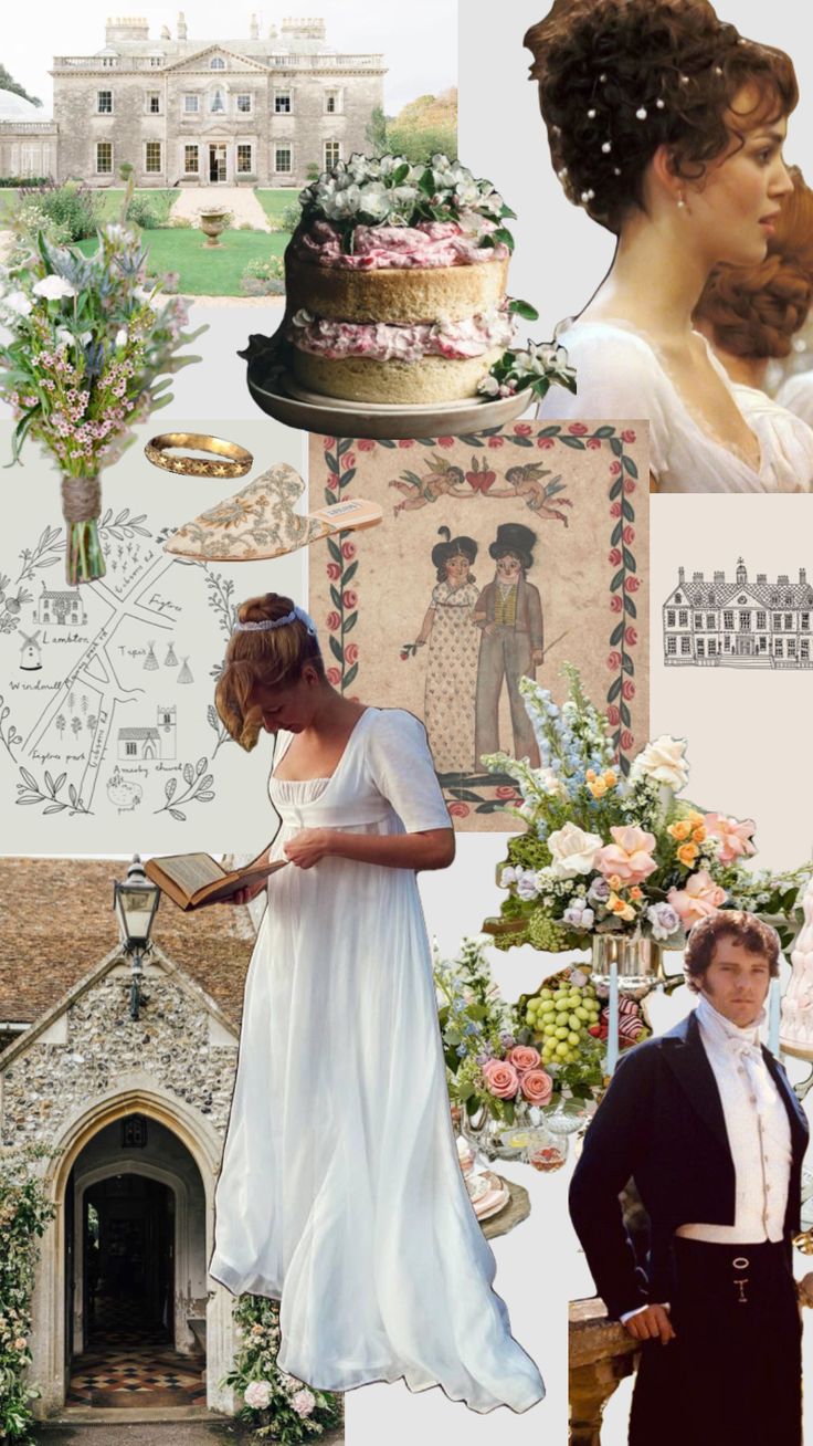 a collage of photos with women and men dressed in historical clothing, including an image of a woman holding a cake