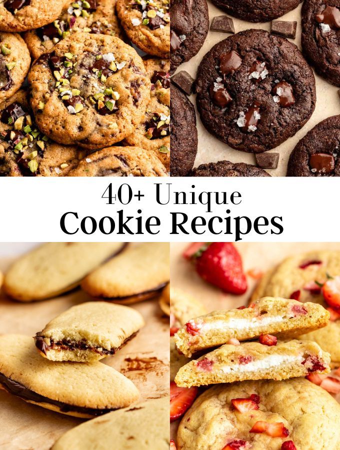 four different cookies with the words 40 unique cookie recipes