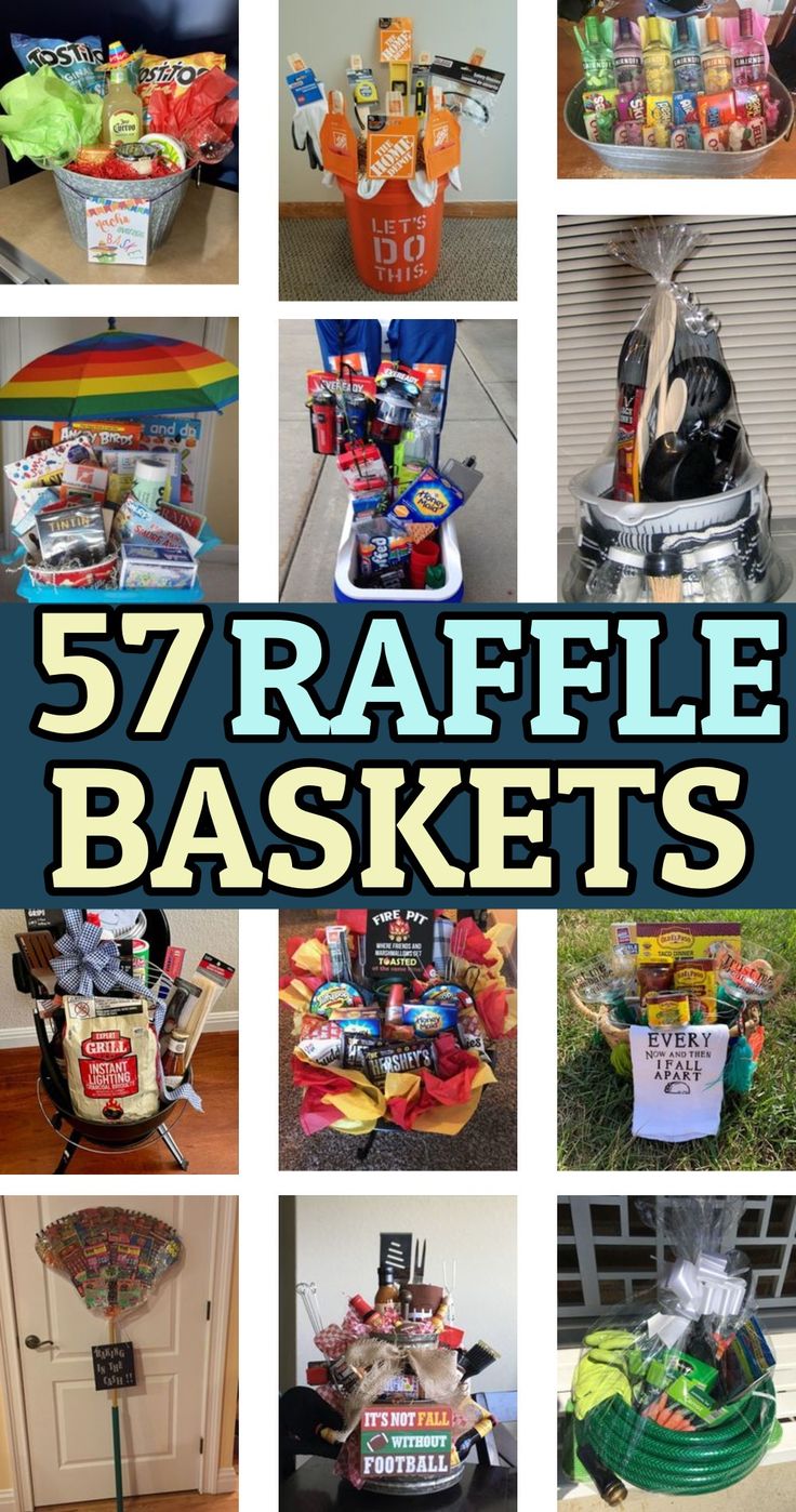 a collage of different baskets with the words 5 / 7 raffle baskets