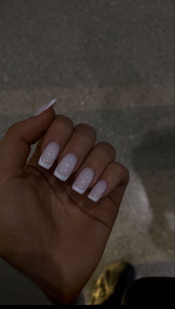 Gray White French Tip Nails, Small Nails Square, Nail Milky White French, Milky White Base French Nails, Milky Nails French Tip, Short Milky French Nails, Clean Nails Aesthetic Design, Square Gel X Nails Medium, All White French Tip