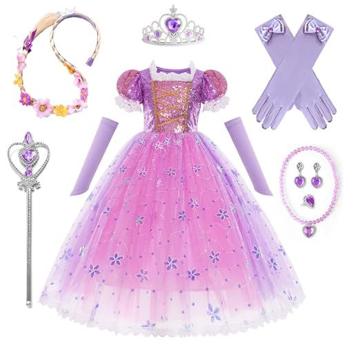 a princess costume with accessories including tiara, gloves and necklaces on display in front of a white background