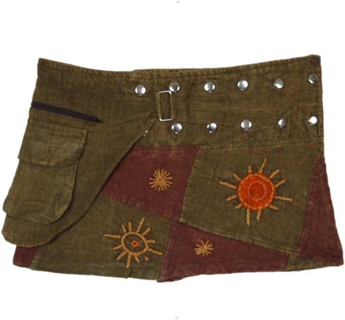 A handmade 12 inches short mini skirt in an earthy patchwork of green and brown with helio embroidery. The snap button wrap has a fanny pack on the waist - useful for carrying small items - from keys and cash to credit card. #tlb #WrapAroundSkirt #Pocket #Patchwork #hippieskirt The Little Bazaar, Short Wrap Skirt, Short Mini Skirt, Hippie Skirt, Hippie Skirts, Wrap Shorts, Hippie Look, Button Skirt, Trendy Skirts