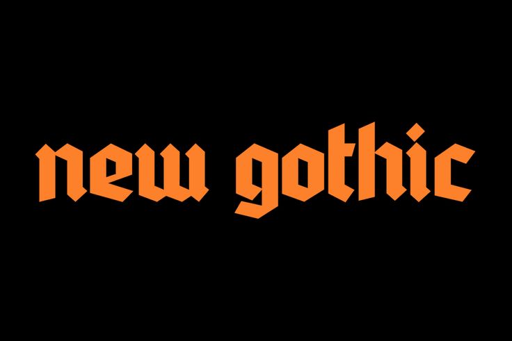 the word new gothic on a black background with orange letters and an orange font that reads,