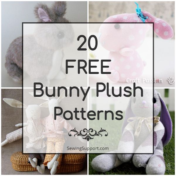 several different stuffed animals with text overlay that says 20 free bunny plush patterns on it