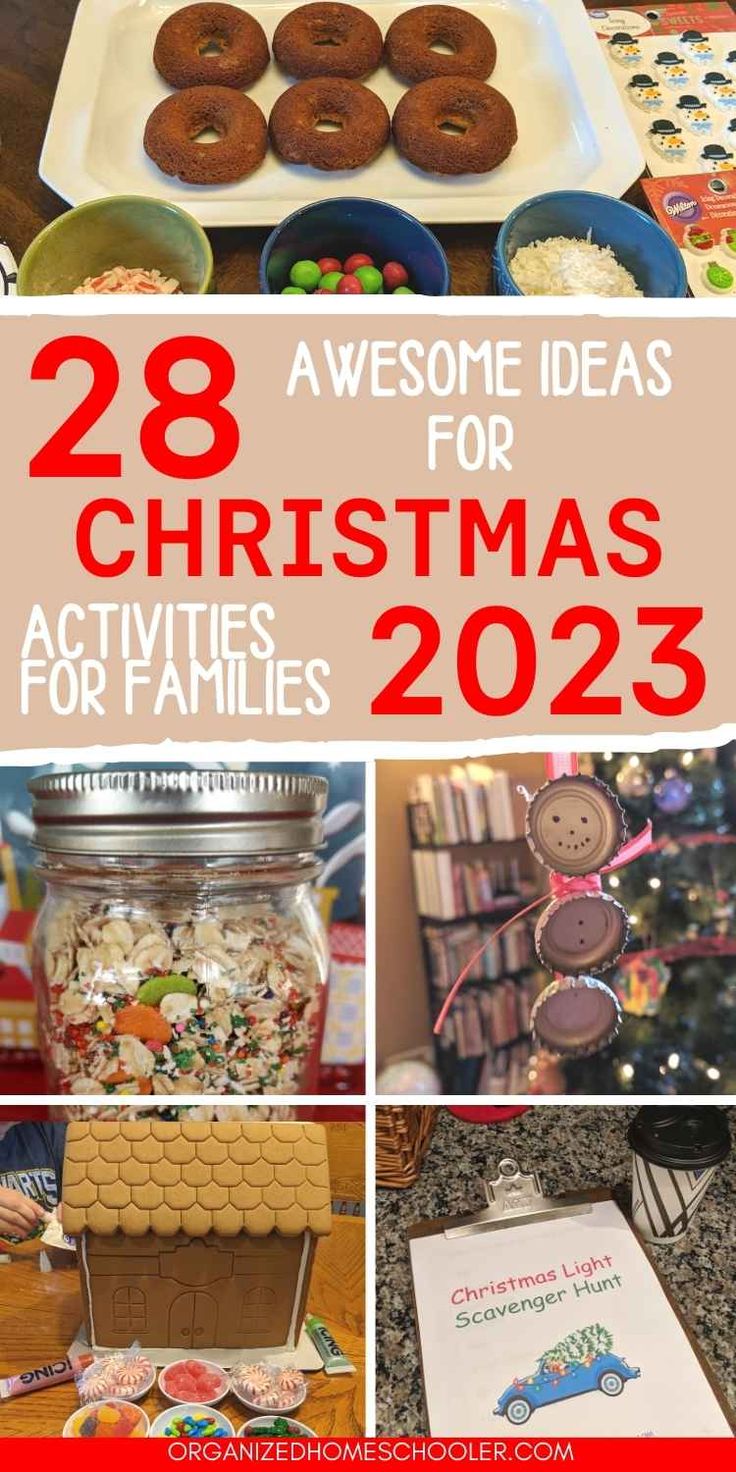 28 awesome idas for Christmas activites for families 2023 written in the middle of a Christmas donut bar, reindeer food, a homemade Christmas ornament, a gingerbread house, and a Christmas light scavenger hunt printable Fun Christmas Ideas For Families, Christmas Home Activities For Kids, Christmas Kid Activities At Home, Christmas Cabin Activities, Traditional Christmas Activities, Fun Christmas Stuff To Do With Kids, Fun Family Christmas Activities At Home, Christmas Parent Involvement Ideas, Christmas Family Home Evening Lessons