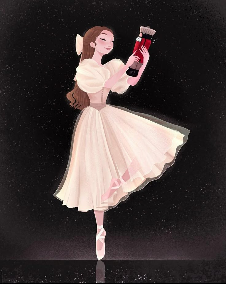 a drawing of a ballerina holding a bottle of wine in her right hand and standing on one leg