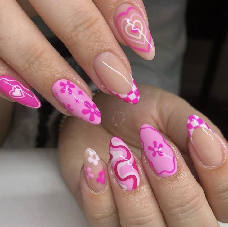 Crazy Pink Nails, Funky Nail Art Acrylic, Colorful Swirl Nails, Funky Pink Nails, Mean Girls Nails, 00s Nails, Patterned Nails, Pink Acrylic Nail Designs, Groovy Nails