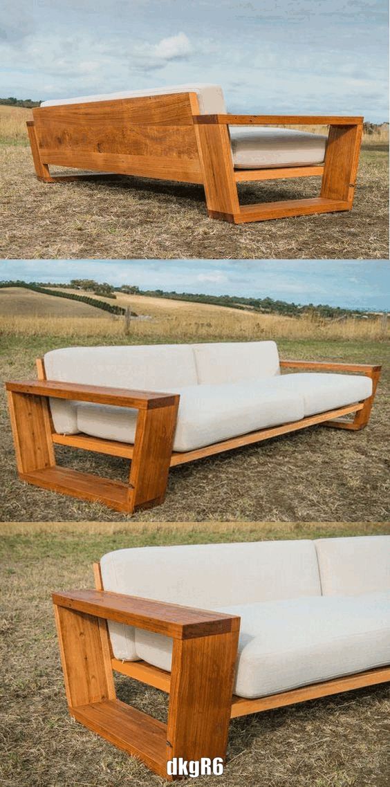 three different views of a wooden couch in the middle of some dry grass and dirt