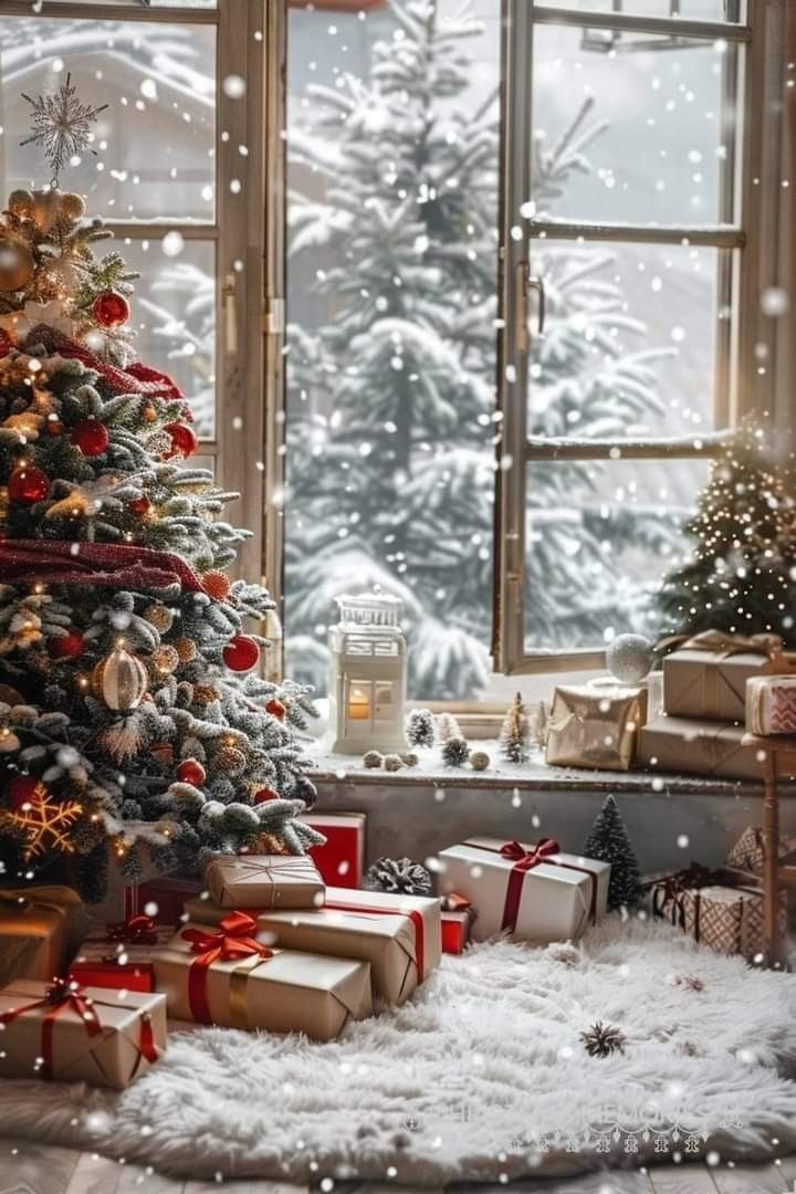 a christmas tree in front of a window with presents under it and snow falling on the ground