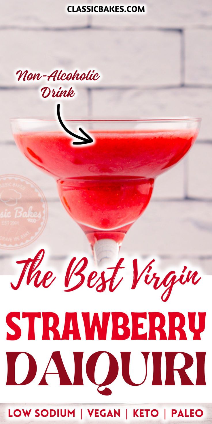 the best virgin strawberry daiquii cocktail in a glass with text overlaying it