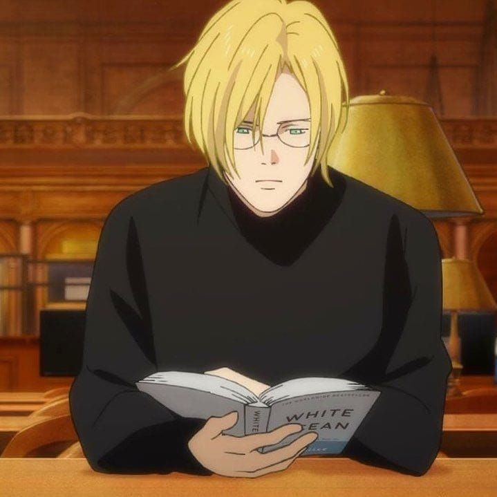 an anime character sitting at a table with a book in his hands and looking down