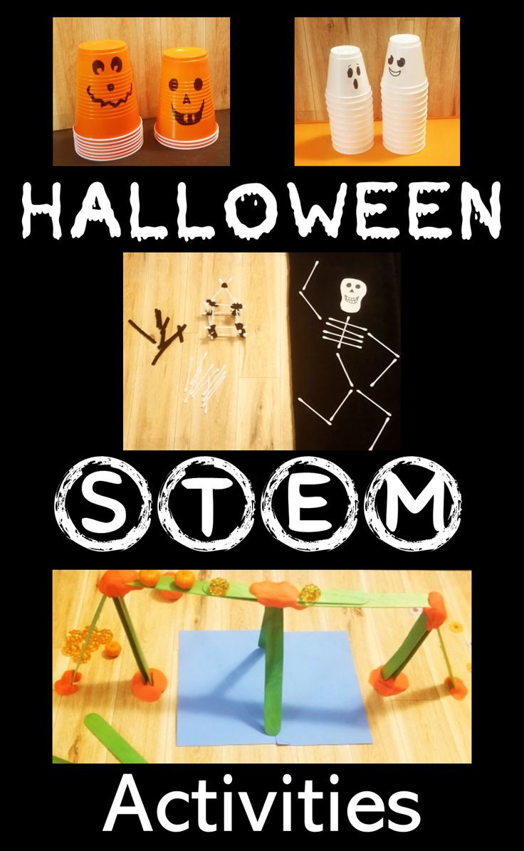 The pin shows stacks of cups with pumpkin and ghost faces drawn on and a bridge and skeleton home. Halloween Themed Stem Activities, Preschool Halloween Stem Activities, Halloween Stem For Kindergarten, Steam Halloween Activities For Kids, Easy Halloween Stem Activities For Kids, Halloween Activities For School Age Kids, Halloween Activities For Older Kids, Halloween Stem Activities For Preschool, Halloween Activities School