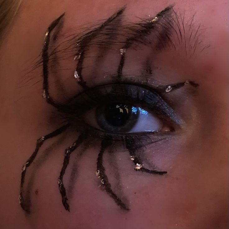 arachne aesthetic Fall Inspired Eye Makeup, Halloween Makeup Spider Eye, Spider On Eye Makeup, Insect Makeup Halloween, Wydowna Spider Aesthetic, Spiderman Makeup Ideas, Monster Eye Nails, Spider Eyes Makeup, Spider On Face Makeup