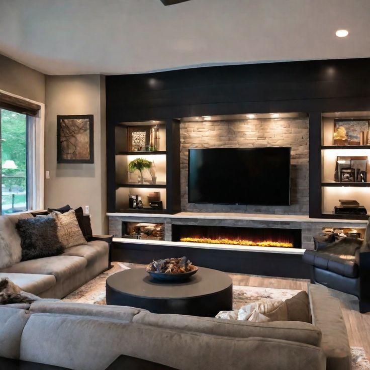 a living room filled with furniture and a flat screen tv mounted on the wall above a fire place