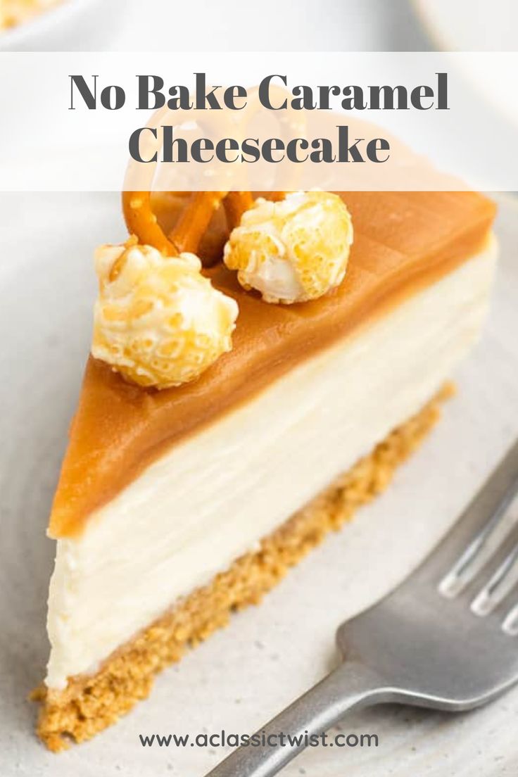 a slice of no bake caramel cheesecake on a plate with a fork