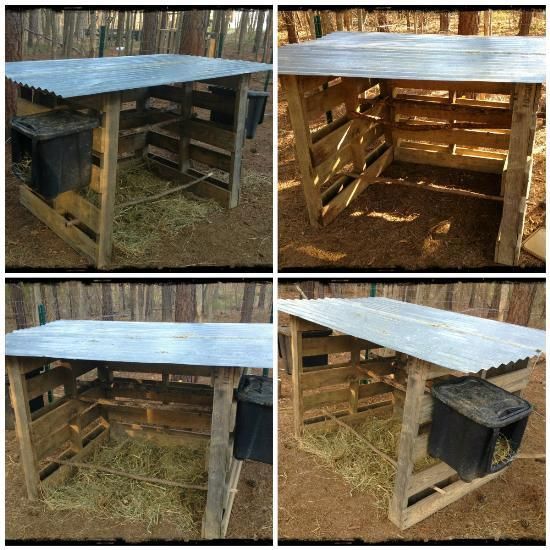 four different pictures of an outdoor table made out of pallets and wooden planks