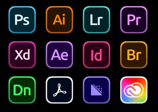 adobe and photoshopped icons are shown in different colors, including the letter d