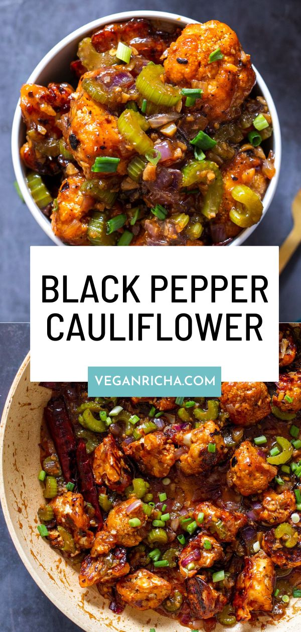 black pepper cauliflower with green peppers in a bowl