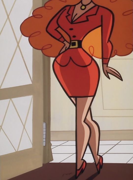 an animated woman in a red dress and hat with her hands on her hips, standing next to a door