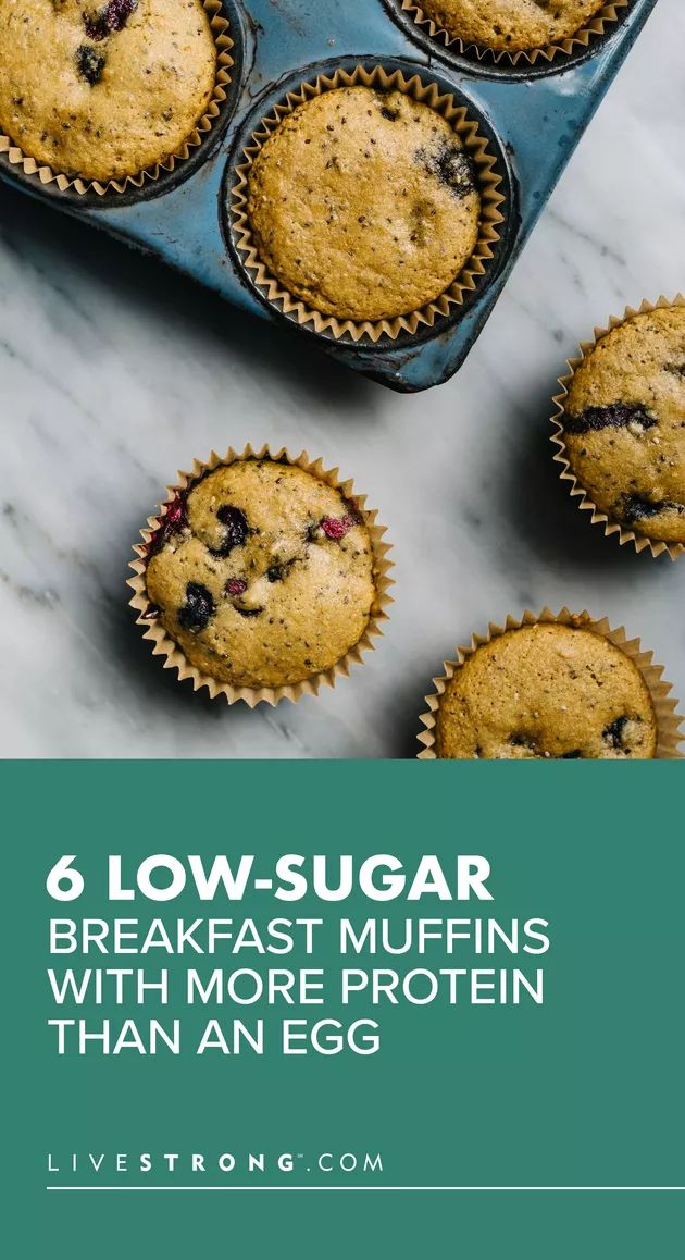 blueberry muffins in a muffin tin with text overlay reading 6 low - sugar breakfast muffins with more protein than an egg