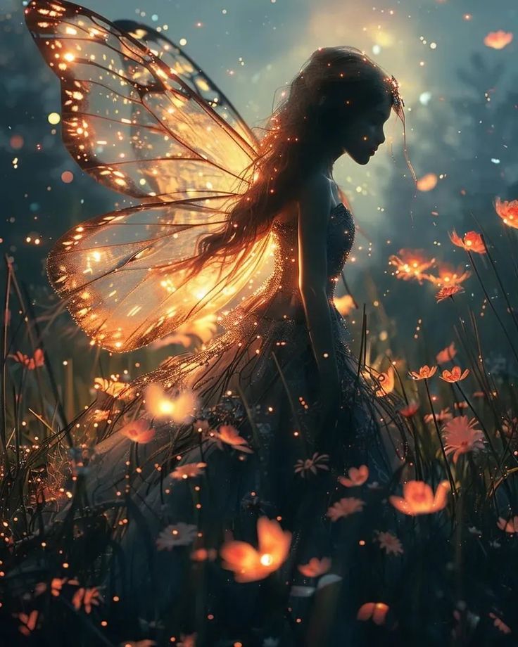 a woman with fireflies in her hair and wings, standing in the middle of flowers