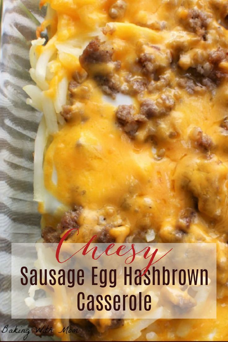 cheesy sausage egg hashbrown casserole on a plate with text overlay