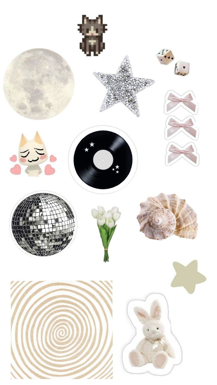 an assortment of stickers and decorations on a white background with the moon, starfish, cat, rabbit, fish, flower