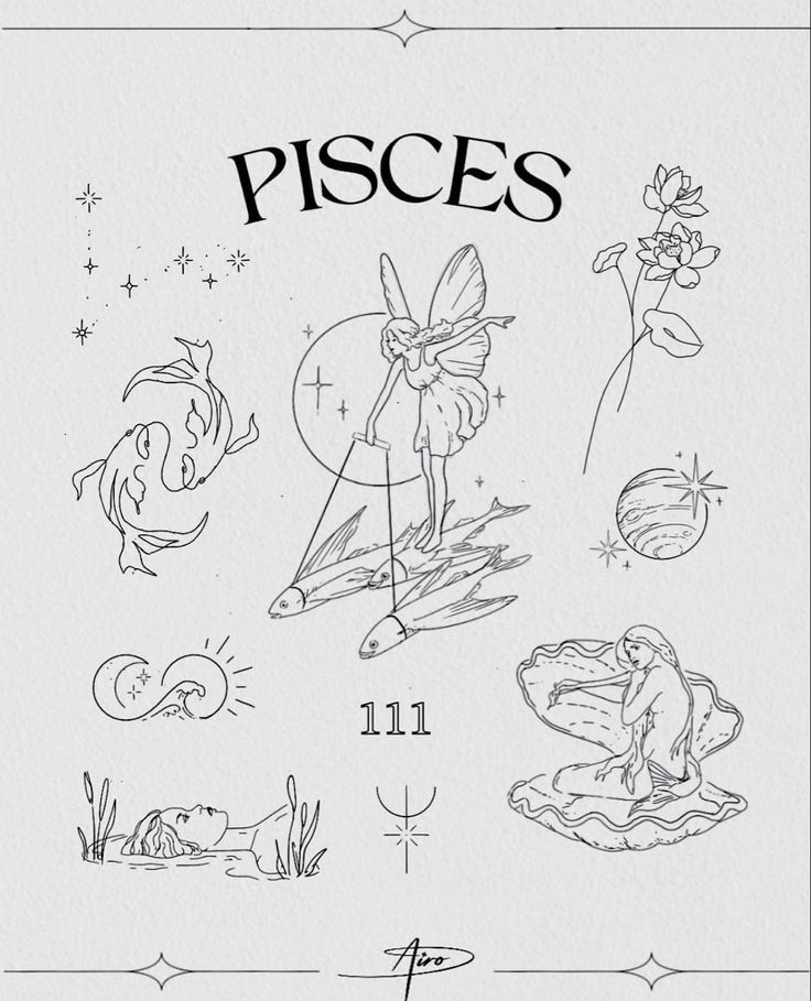 Pisces tattoo designs by Airo Pisces Patchwork Tattoo, Pisces Face Tattoo, Pisces Simple Tattoo, Pisces Minimal Tattoo, Zodiac Flash Sheet, Minimalist Crystal Tattoo, French Tattoo Ideas Illustration, Cute Pisces Tattoos, Piceses Tattoo Ideas