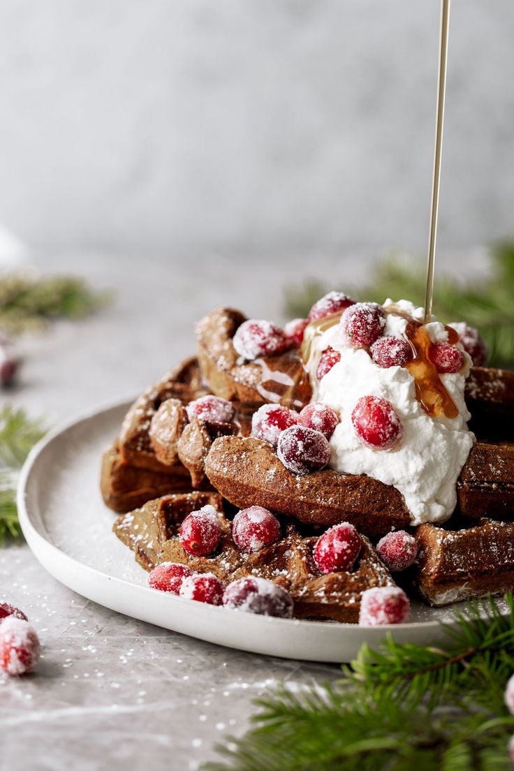 a white plate topped with waffles covered in whipped cream and cranberries