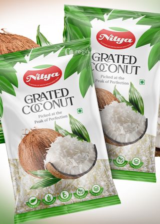 three bags of coconut are shown on a white background with green leaves in the middle