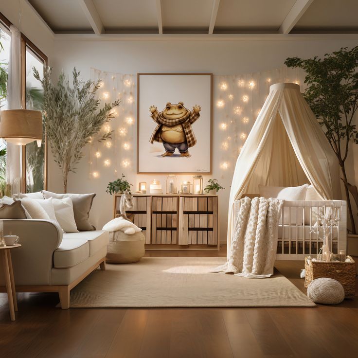 a baby's room decorated in neutrals and whites with lights on the walls