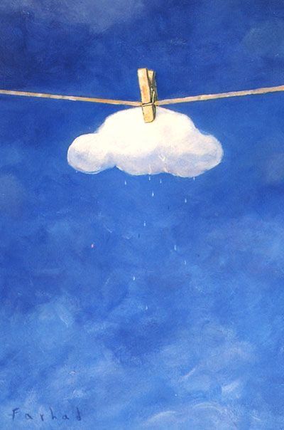 a painting of a white cloud floating in the sky with clothes pins attached to it