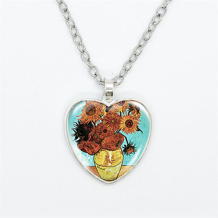 Van Gogh Starry Sunflower Pendant Necklaces are the perfect necklace for art lovers and fashionistas. These charming pendants feature iconic Van Gogh paintings in a heart shape, combining art, fashion, and romance into one beautiful piece of jewelry. The Pendants showcase some of Van Gogh's most famous works, like Starry Night, Sunflowers, and Irises, in a mini heart canvas. Van Gogh Starry Sunflower Pendant Necklaces. The colorful floral paintings pop against the Heart Stone. Art lovers will de Artistic Jewelry For Valentine's Day Gift, Artistic Silver Heart Necklace, Artistic Flower Pendant Necklaces For Gifts, Artsy Heart-shaped Jewelry For Gifts, Canvas Van Gogh, Gogh Paintings, Iconic Paintings, Time Stone, Heart Canvas