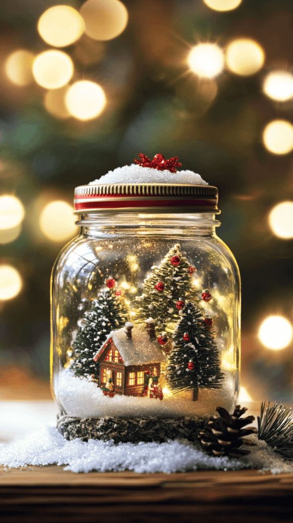 Lighted Snow Globes Diy, How To Make Snow Globes, Diy Snowglobe Ornament, Snow Globe Diy Kids, Snow Globe Ideas, Jar Snow Globes, Snow Globe Mason Jar, Mason Jar Snow Globe, Homemade Snow Globes