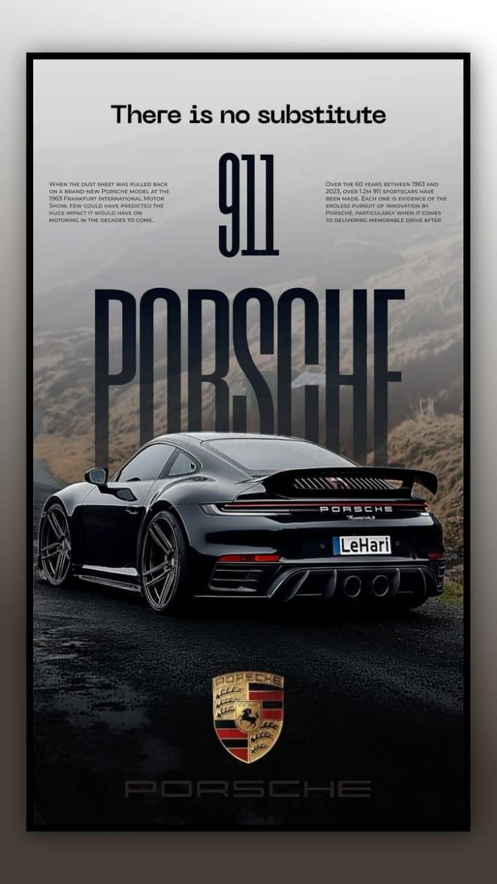 the porsche poster is shown in black and white, with an image of a sports car on