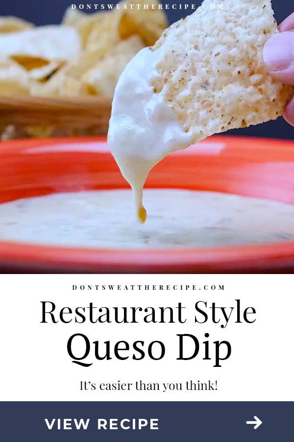 a person dipping some food into a red bowl with the words restaurant style queso dip