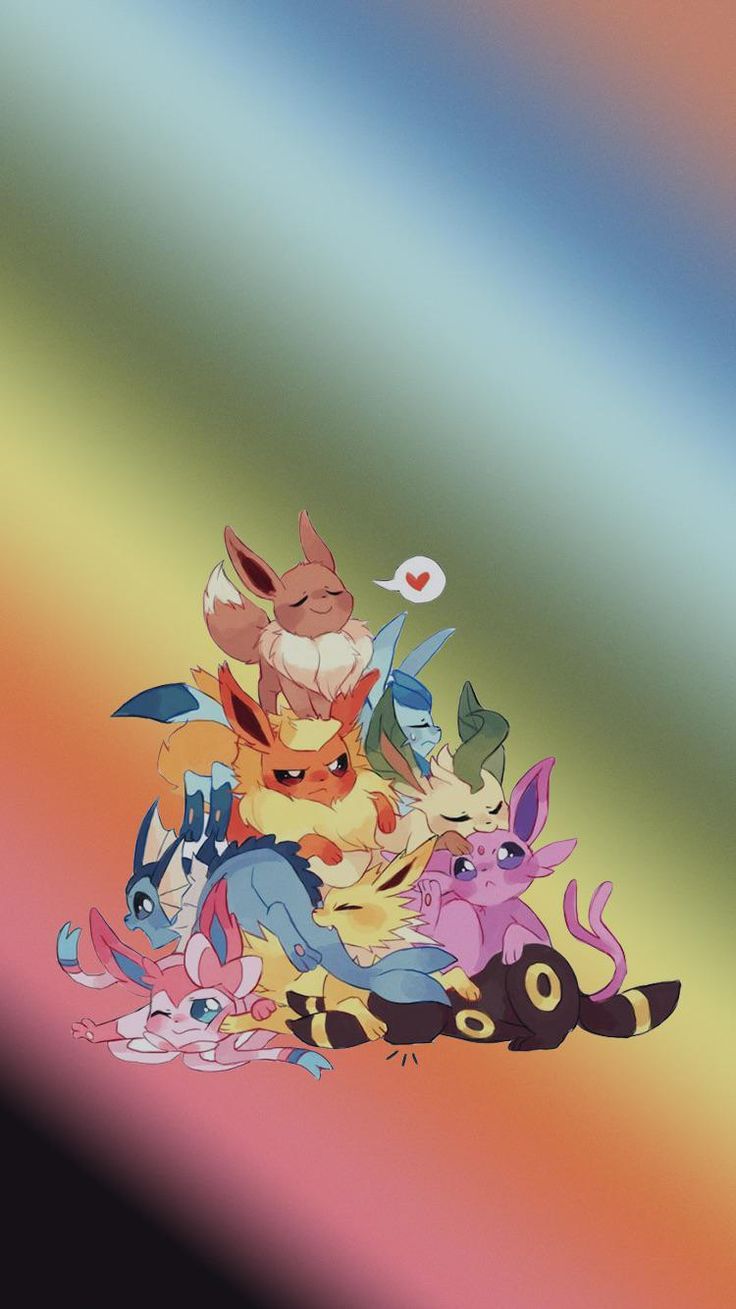 the pokemons are all together in front of a rainbow colored background