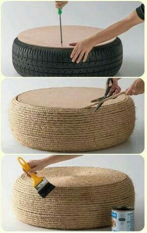 three pictures showing how to make a round ottoman out of an old tire and rope