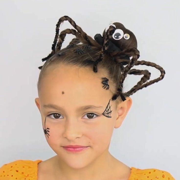 Halloween Hairstyle, Sweethearts Hair, Halloween Makeup For Kids, Witchy Hair, Spider Costume, Gothic Hairstyles, Spider Halloween, Easter Hairstyles For Kids, Wacky Hair Days