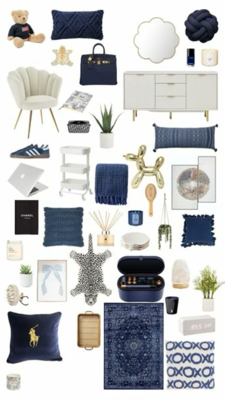 a collage of blue and white items including a chair, table, mirror, rugs, pillows