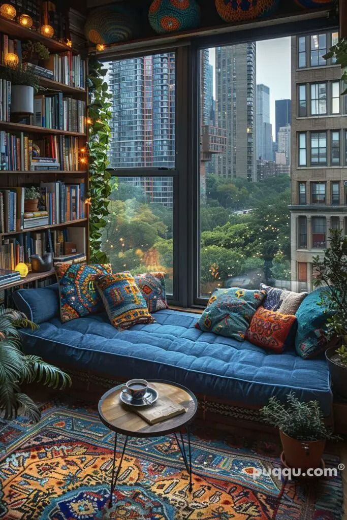 a living room filled with lots of furniture and bookshelves next to a window