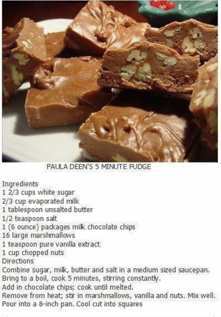 the recipe for fudge fudge is displayed on a plate with chocolate and nuts